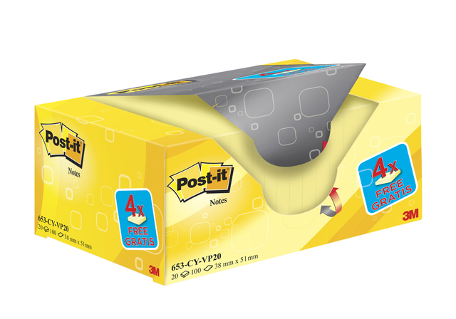 Memoblok 3M Post-it 653 38x51mm geel 16 + 4 gratis