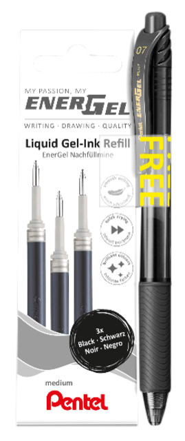 Gelschrijvervulling Pentel LR7 Energel met gratis gelpen medium zwart blister à 3 stuks